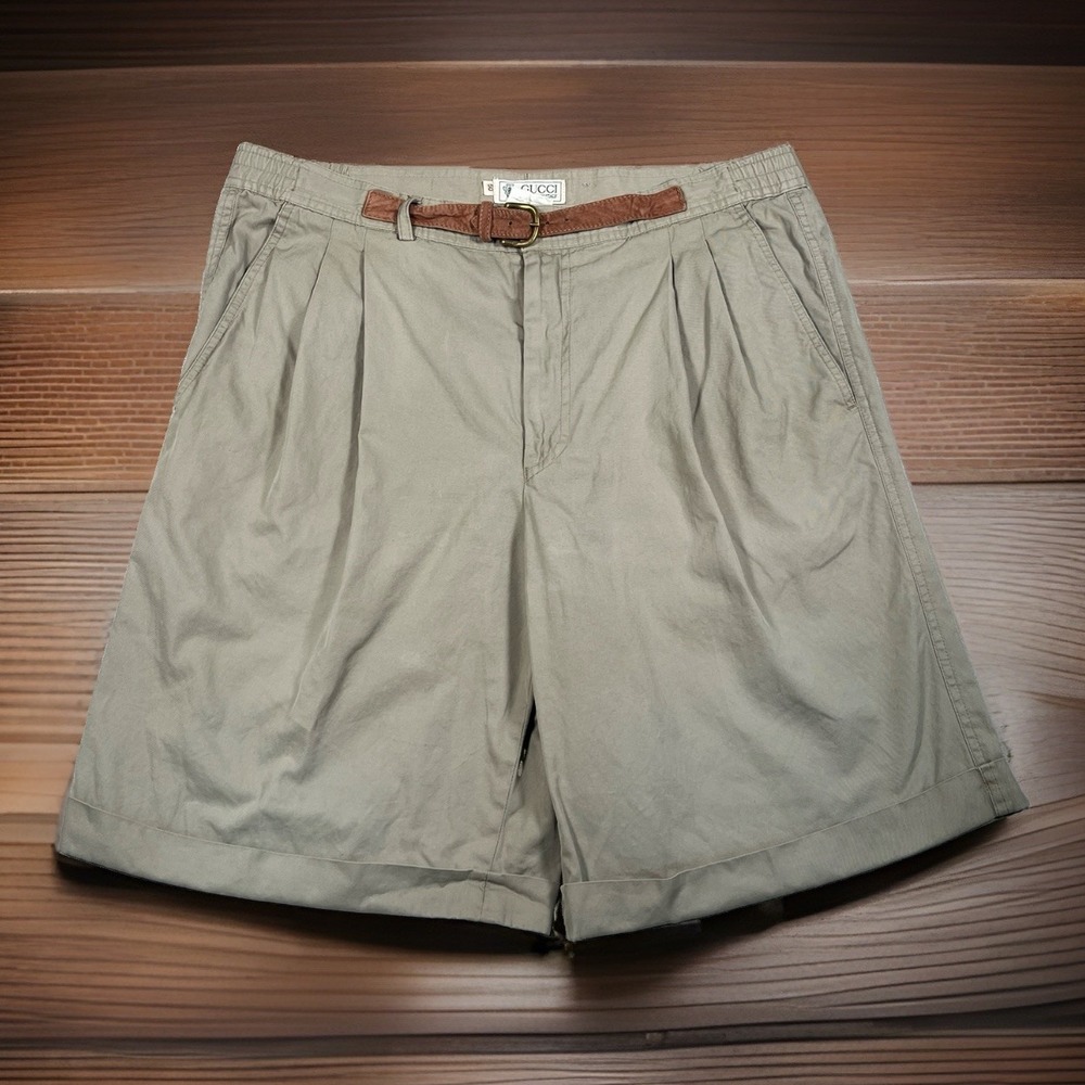 Rare Vintage 90's Gucci Pleated Shorts Men 50 Built-In Suede Belt 100% Cotton